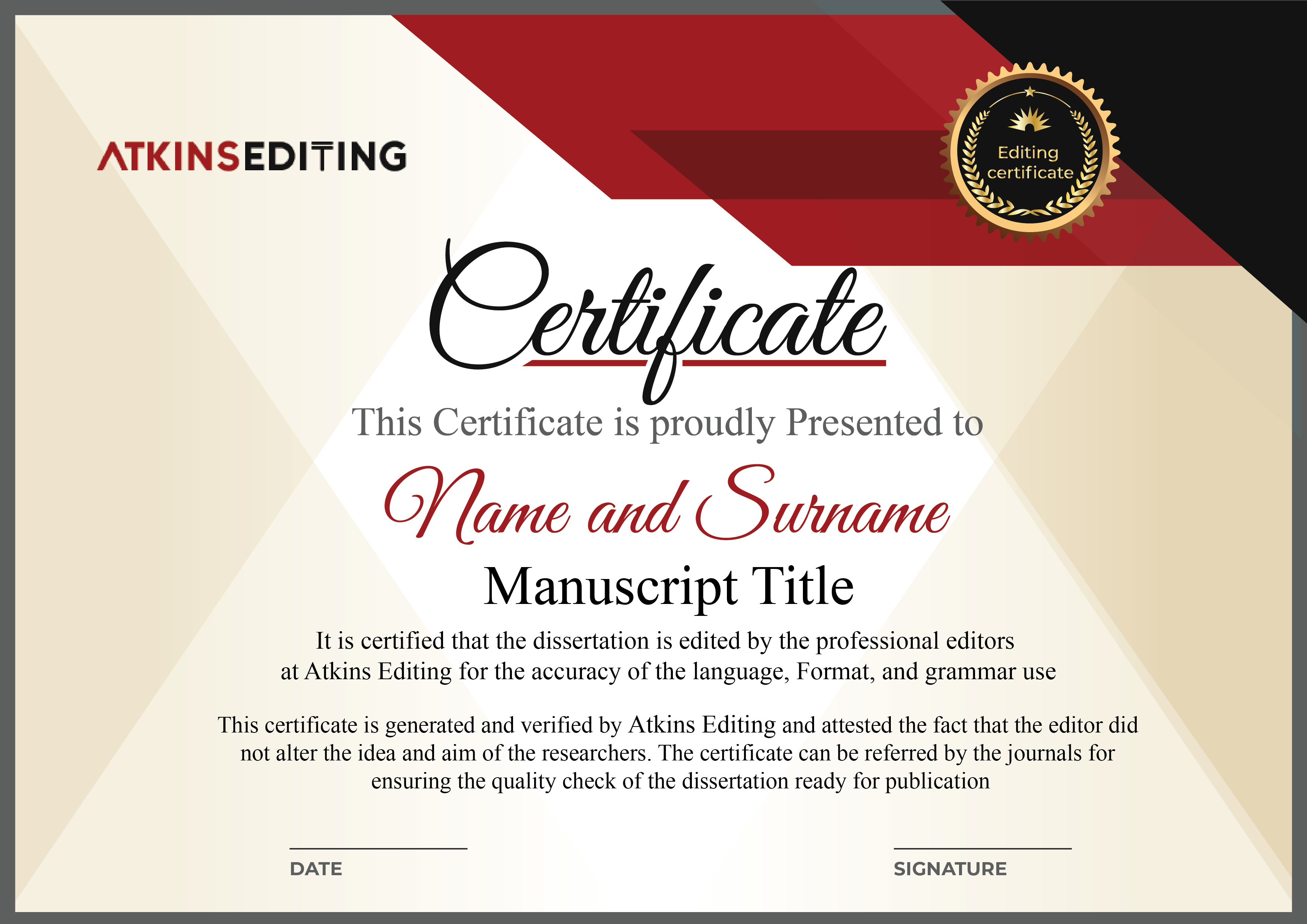 Certificate of High Quality Editing Atkins Editing
